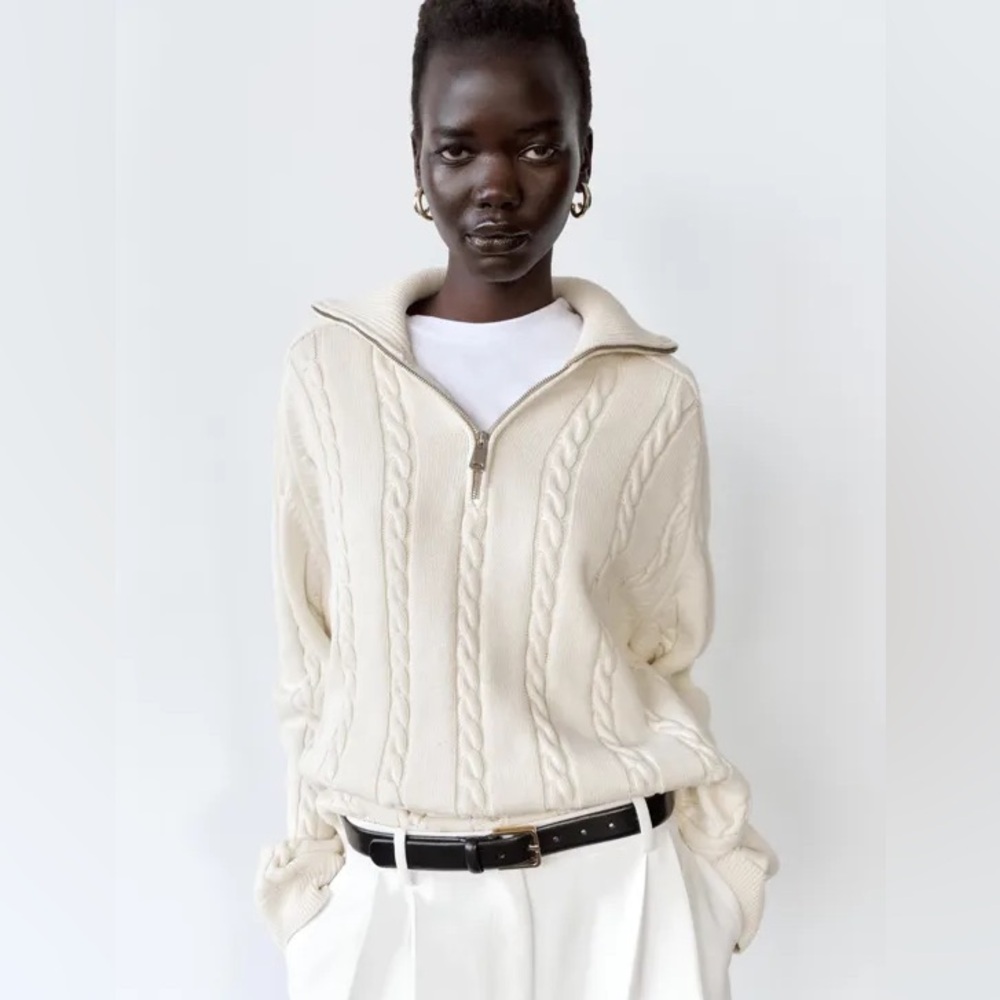 ZARA Women’s Cream Cotton Cable-knit Polo Dad Sweater with Zip Collar | XL NWT